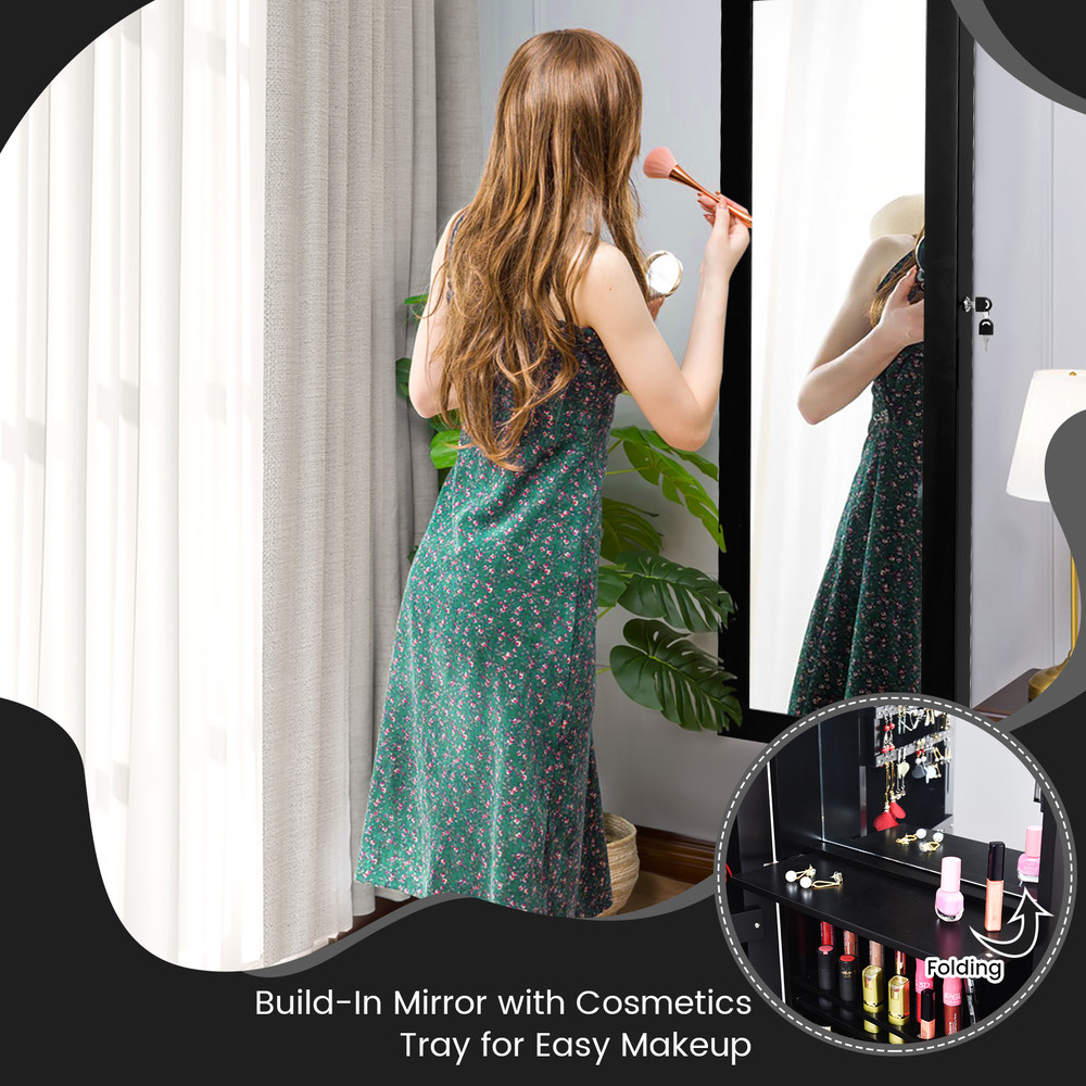 Lockable Wall Door Mounted Mirror Jewelry Cabinet with LED Lights, Auto-On Lighting & Secure Storage