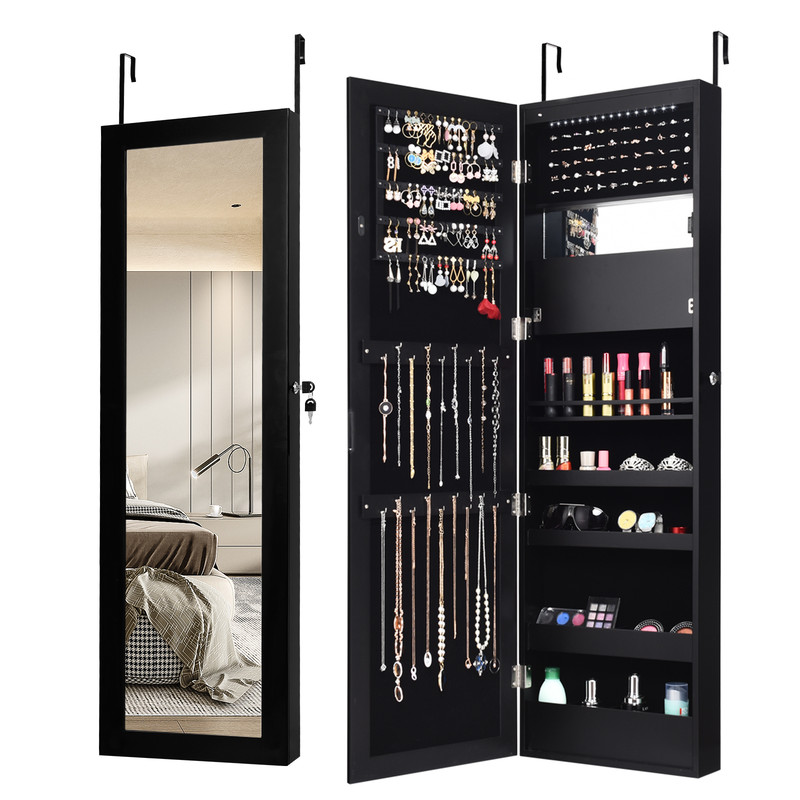Lockable Wall Door Mounted Mirror Jewelry Cabinet with LED Lights, Auto-On Lighting & Secure Storage
