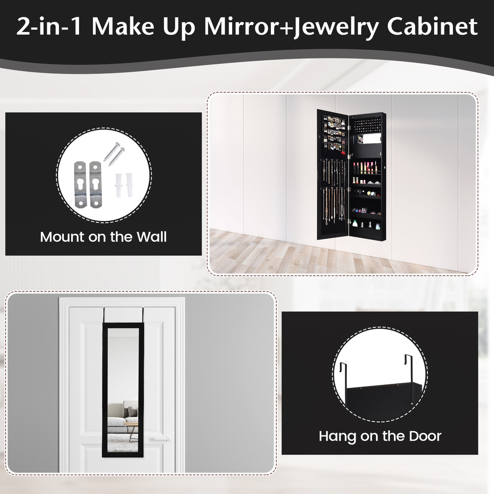 Lockable Wall Door Mounted Mirror Jewelry Cabinet with LED Lights, Auto-On Lighting & Secure Storage