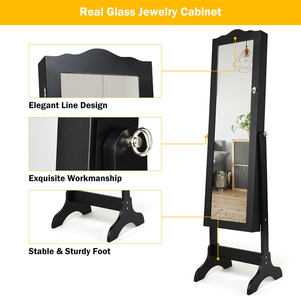 Mirrored Lockable Jewelry Cabinet Armoire – Stylish Organizer Storage Box with Full Length Mirror & Secure Design