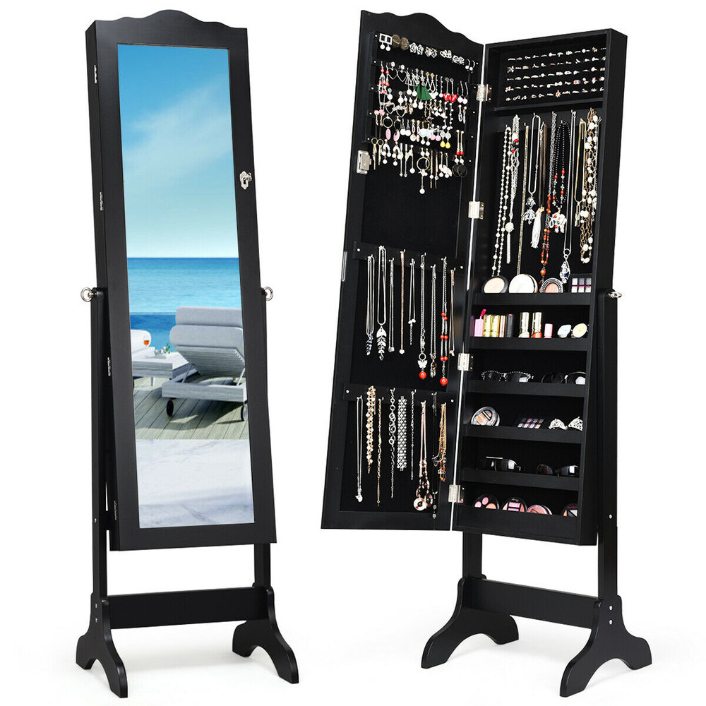 Mirrored Lockable Jewelry Cabinet Armoire – Stylish Organizer Storage Box with Full Length Mirror & Secure Design