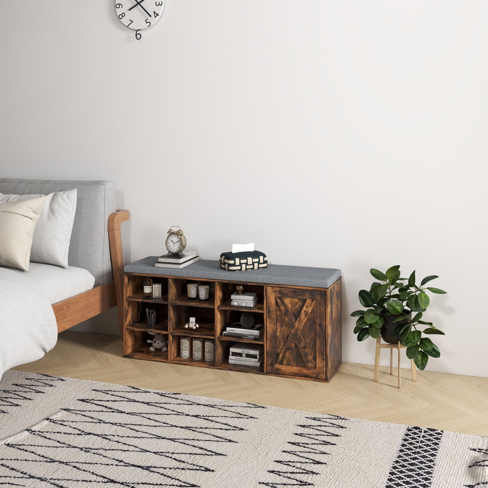 9-Cube Shoe Bench with Adjustable Shelves & Removable Padded Cushion, Industrial Storage Bench for Entryway & Hallway