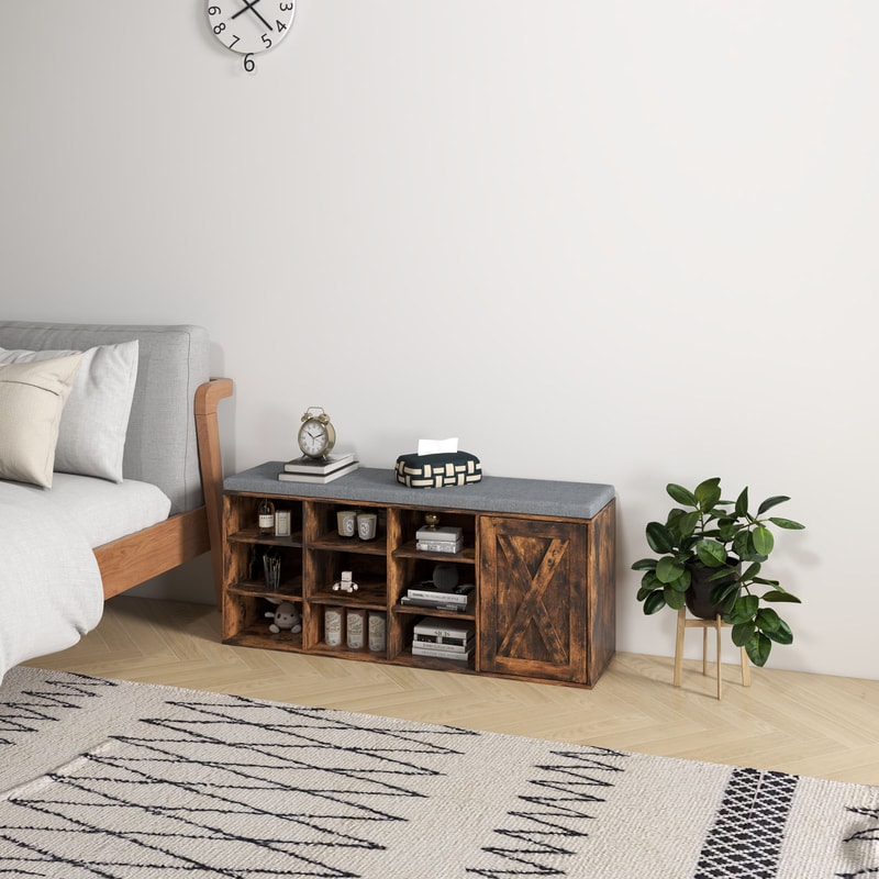 9-Cube Shoe Bench with Adjustable Shelves & Removable Padded Cushion, Industrial Storage Bench for Entryway & Hallway