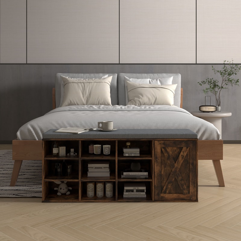 9-Cube Shoe Bench with Adjustable Shelves & Removable Padded Cushion, Industrial Storage Bench for Entryway & Hallway