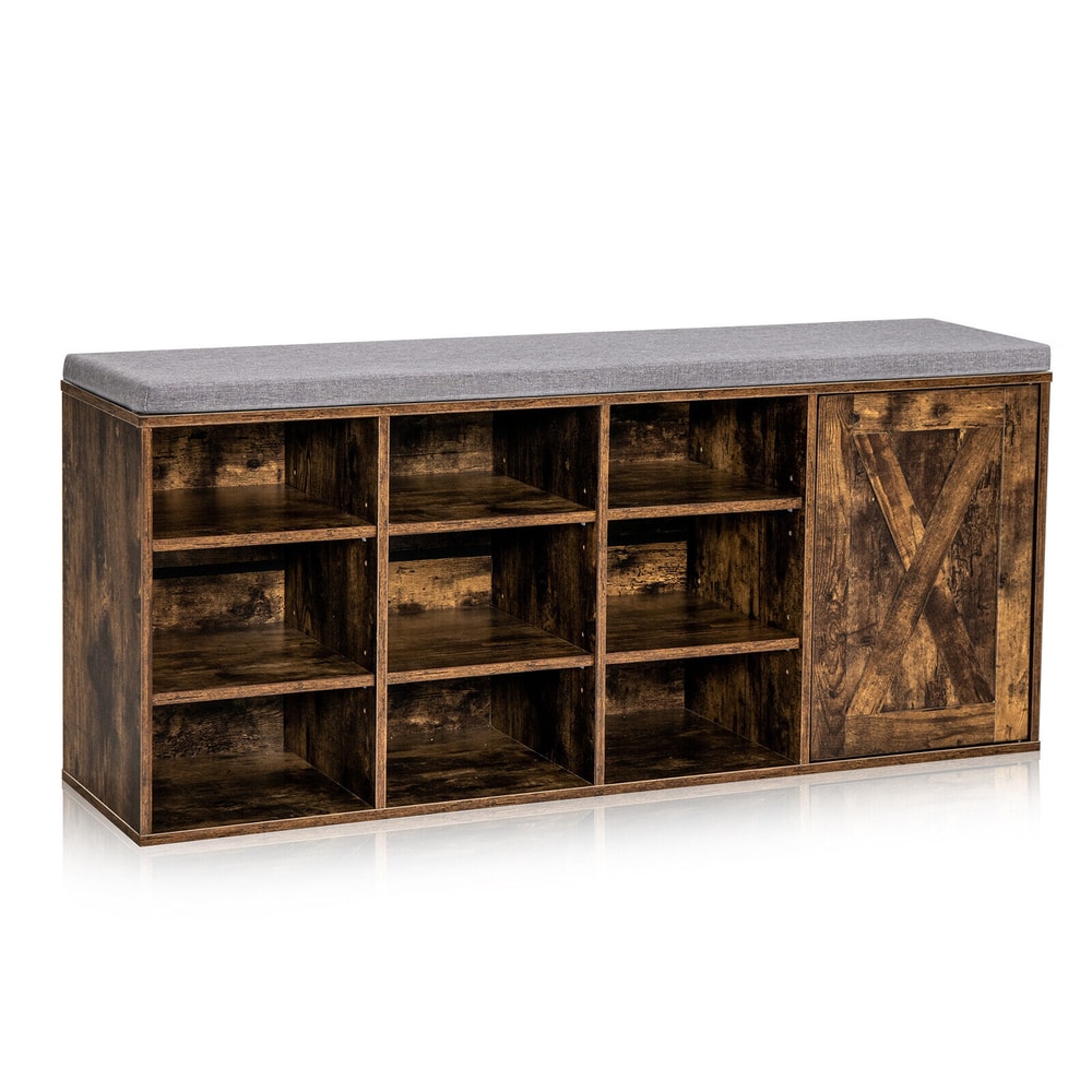 9-Cube Shoe Bench with Adjustable Shelves & Removable Padded Cushion, Industrial Storage Bench for Entryway & Hallway
