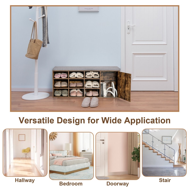 9-Cube Shoe Bench with Adjustable Shelves & Removable Padded Cushion, Industrial Storage Bench for Entryway & Hallway