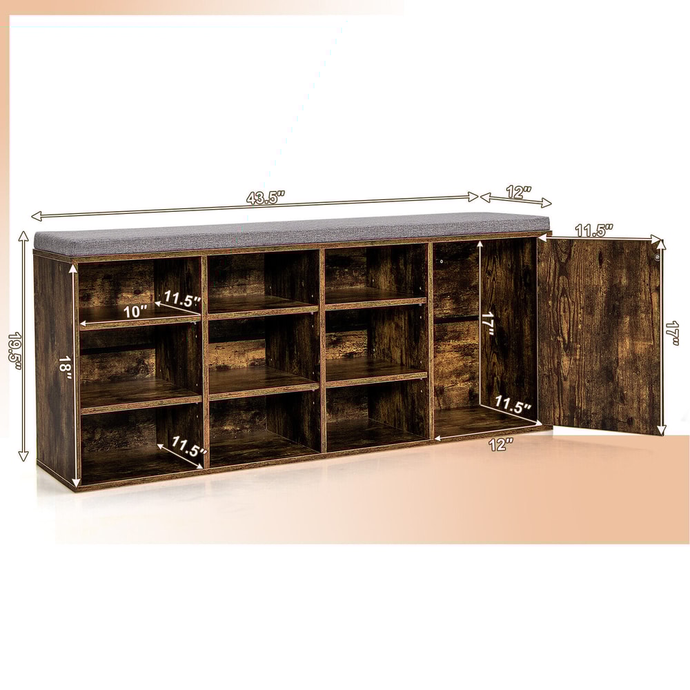 9-Cube Shoe Bench with Adjustable Shelves & Removable Padded Cushion, Industrial Storage Bench for Entryway & Hallway