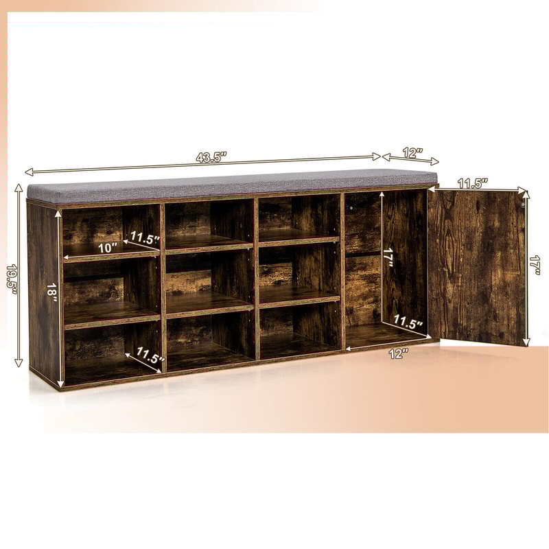 9-Cube Shoe Bench with Adjustable Shelves & Removable Padded Cushion, Industrial Storage Bench for Entryway & Hallway