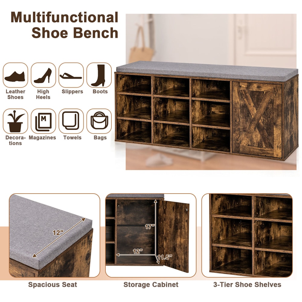 9-Cube Shoe Bench with Adjustable Shelves & Removable Padded Cushion, Industrial Storage Bench for Entryway & Hallway