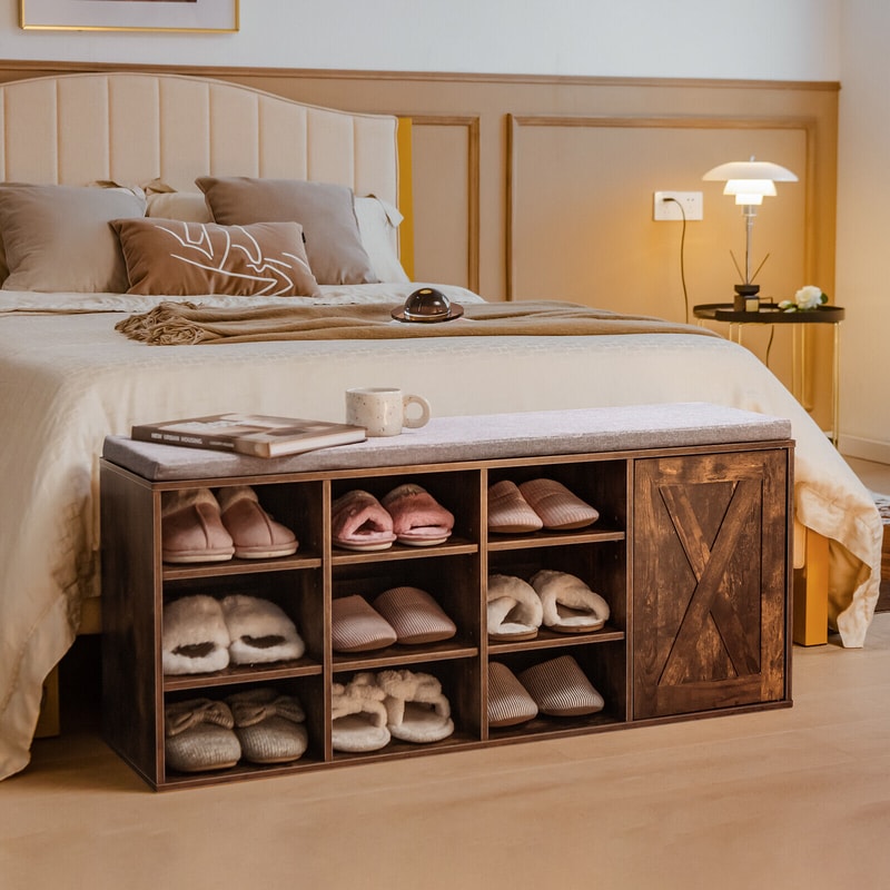 9-Cube Shoe Bench with Adjustable Shelves & Removable Padded Cushion, Industrial Storage Bench for Entryway & Hallway