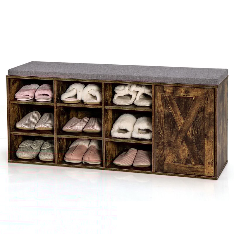 9-Cube Shoe Bench with Adjustable Shelves & Removable Padded Cushion, Industrial Storage Bench for Entryway & Hallway