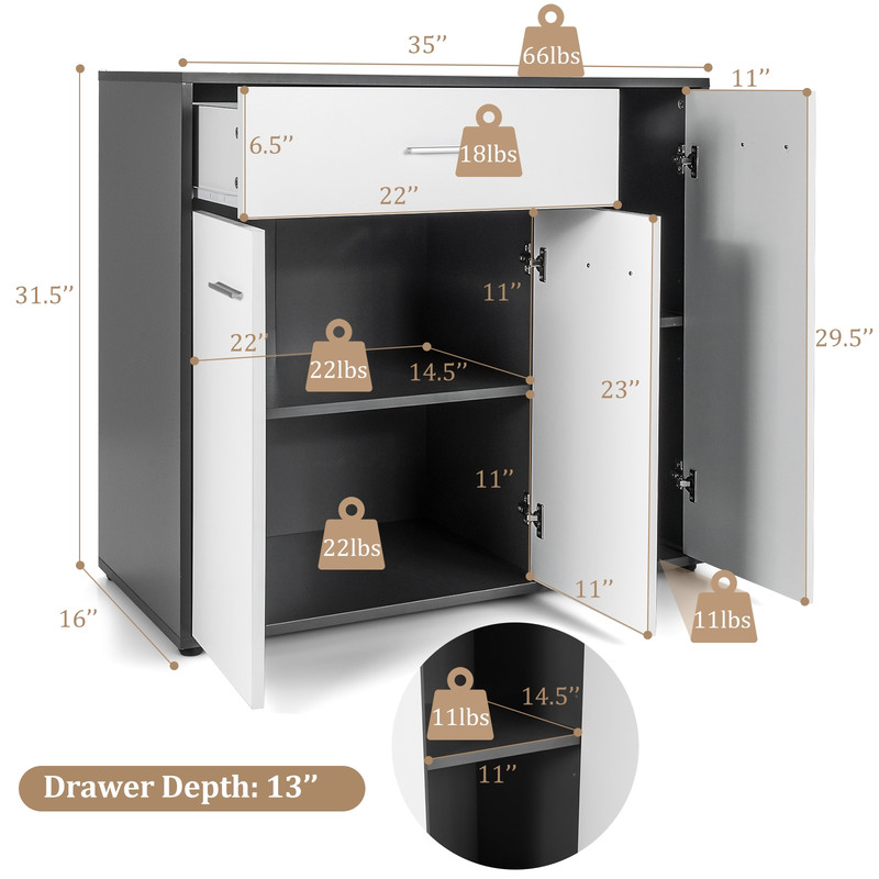 Buffet Sideboard Storage Cabinet with Spacious Table Top – Sturdy 3-Door Kitchen & Dining Organizer