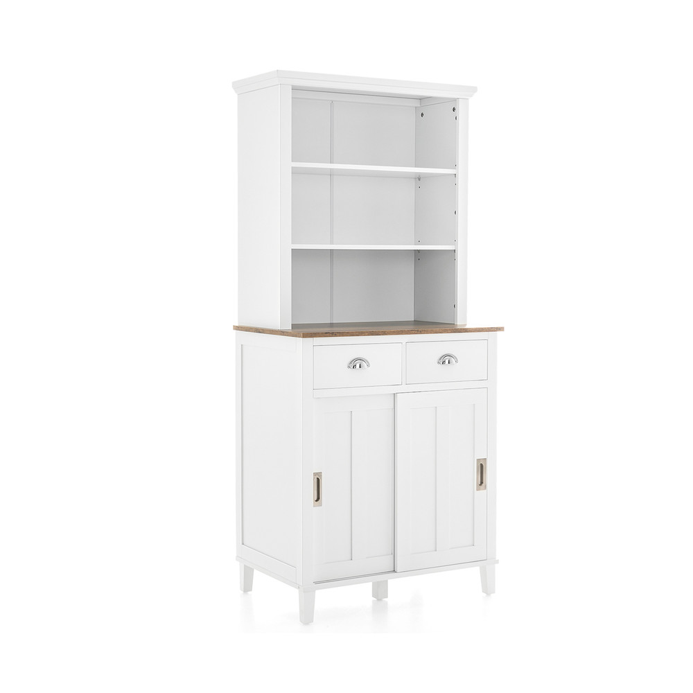 Modern Freestanding Kitchen Pantry Cabinet With Hutch Sliding Doors Adjustable Shelves  Drawers Ele 0