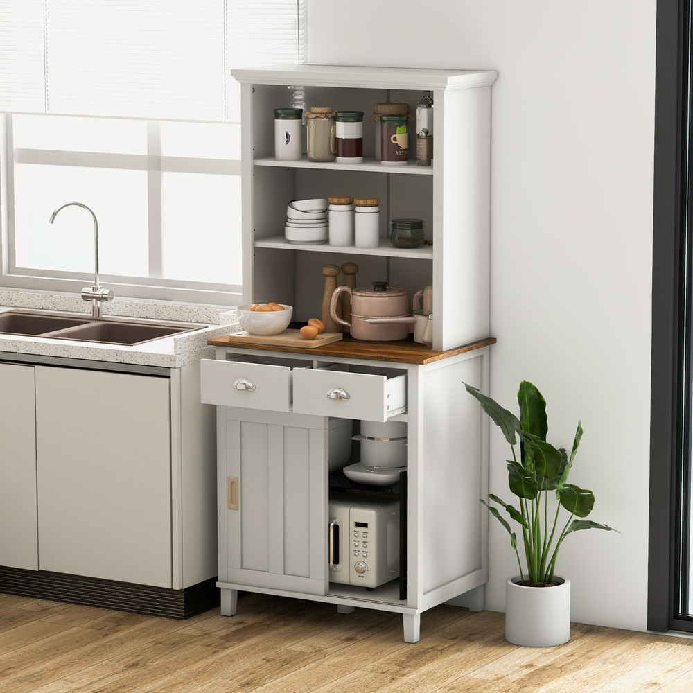 Modern Freestanding Kitchen Pantry Cabinet With Hutch Sliding Doors Adjustable Shelves  Drawers Ele 2