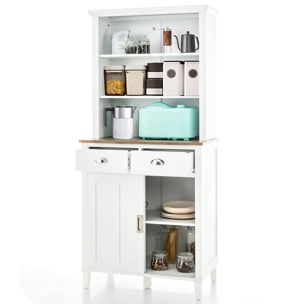 Modern Freestanding Kitchen Pantry Cabinet With Hutch Sliding Doors Adjustable Shelves  Drawers Ele 3