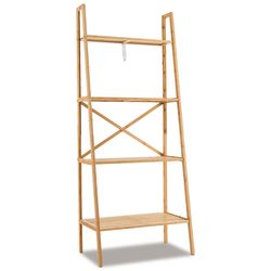 natural bamboo ladder bookshelf, freestanding storage shelf & plant stand with rustic design for living room, kitchen