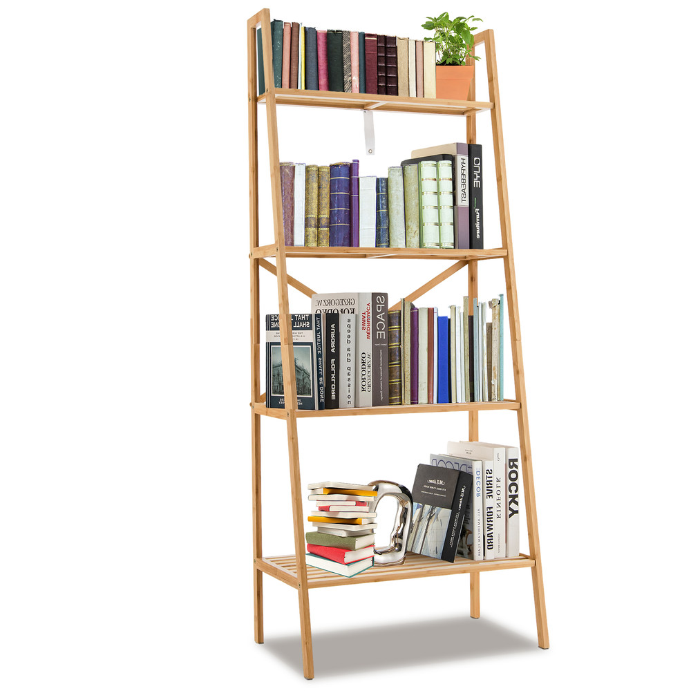 Natural Bamboo Ladder Bookshelf Freestanding Storage Shelf  Plant Stand With Rustic Design For Livi 7