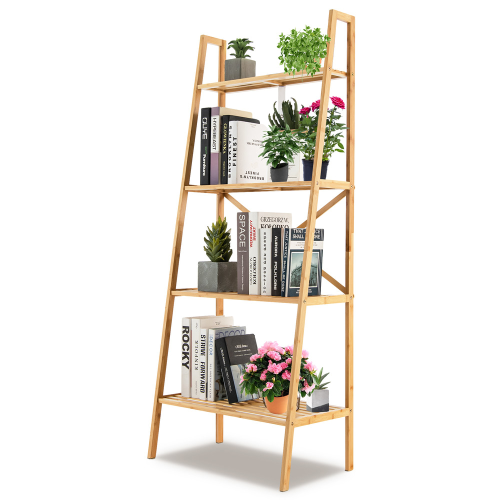 Natural Bamboo Ladder Bookshelf Freestanding Storage Shelf  Plant Stand With Rustic Design For Livi 4