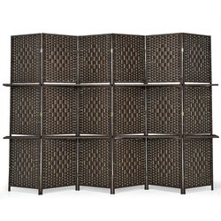 natural folding weave fiber room divider with display shelves, handwoven partition with storage, foldable privacy screen