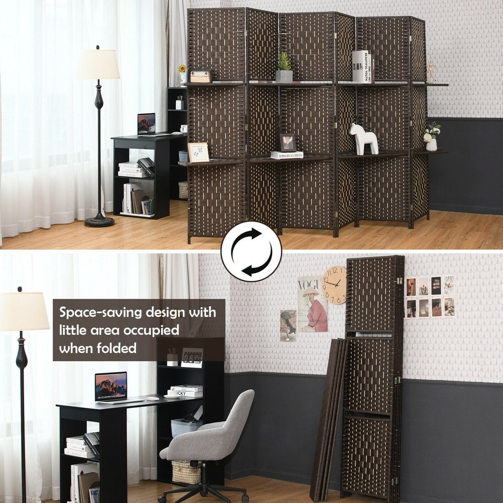 Natural Folding Weave Fiber Room Divider With Display Shelves Handwoven Partition With Storage Fold 4