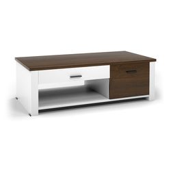 minimalist modern coffee table with dual-sided drawers and open storage compartments for stylish living room decor