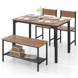 rustic dining table set with bench and chairs, space-saving industrial furniture for kitchen, dining room