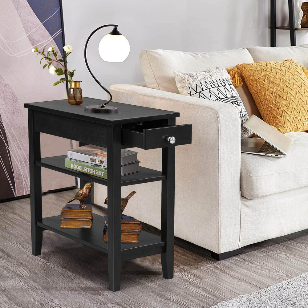 SpaceSaving Side End Table With Drawer And Dual Open Shelves Small Bedside Or Sofa Table For Living 3