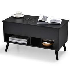 modern lift-top coffee table with hidden storage & open shelves, convertible table for living room, dining