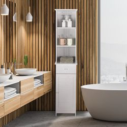 tall freestanding bathroom storage cabinet with open shelves & drawer, white, space-saving organizer
