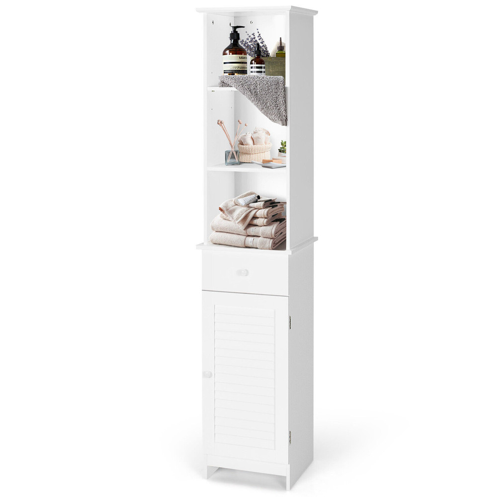 Tall Freestanding Bathroom Storage Cabinet With Open Shelves  Drawer White SpaceSaving Organizer 4