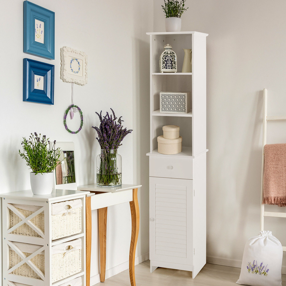 Tall Freestanding Bathroom Storage Cabinet With Open Shelves  Drawer White SpaceSaving Organizer 2