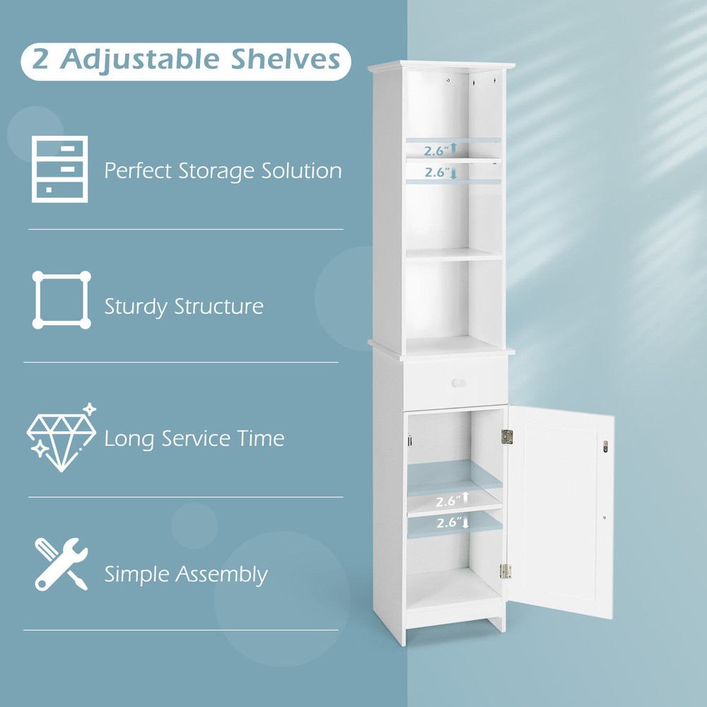 Tall Freestanding Bathroom Storage Cabinet With Open Shelves  Drawer White SpaceSaving Organizer 7