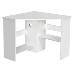 space-saving corner computer desk triangle writing workstation with built-in storage shelf, modern home office