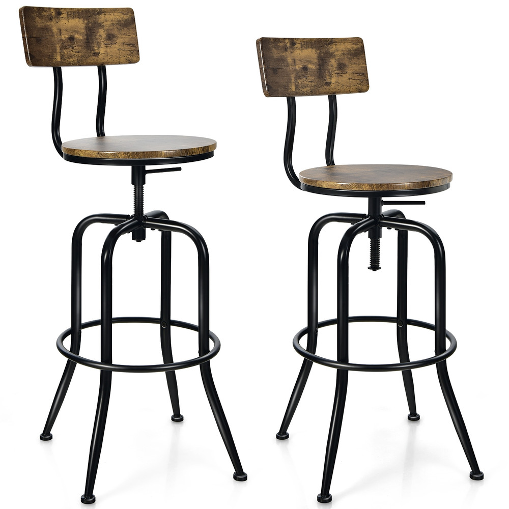 Set Of Industrial Adjustable Swivel Bar Stools With ArcShaped Backrest Rustic Wood  Metal Counter H 0