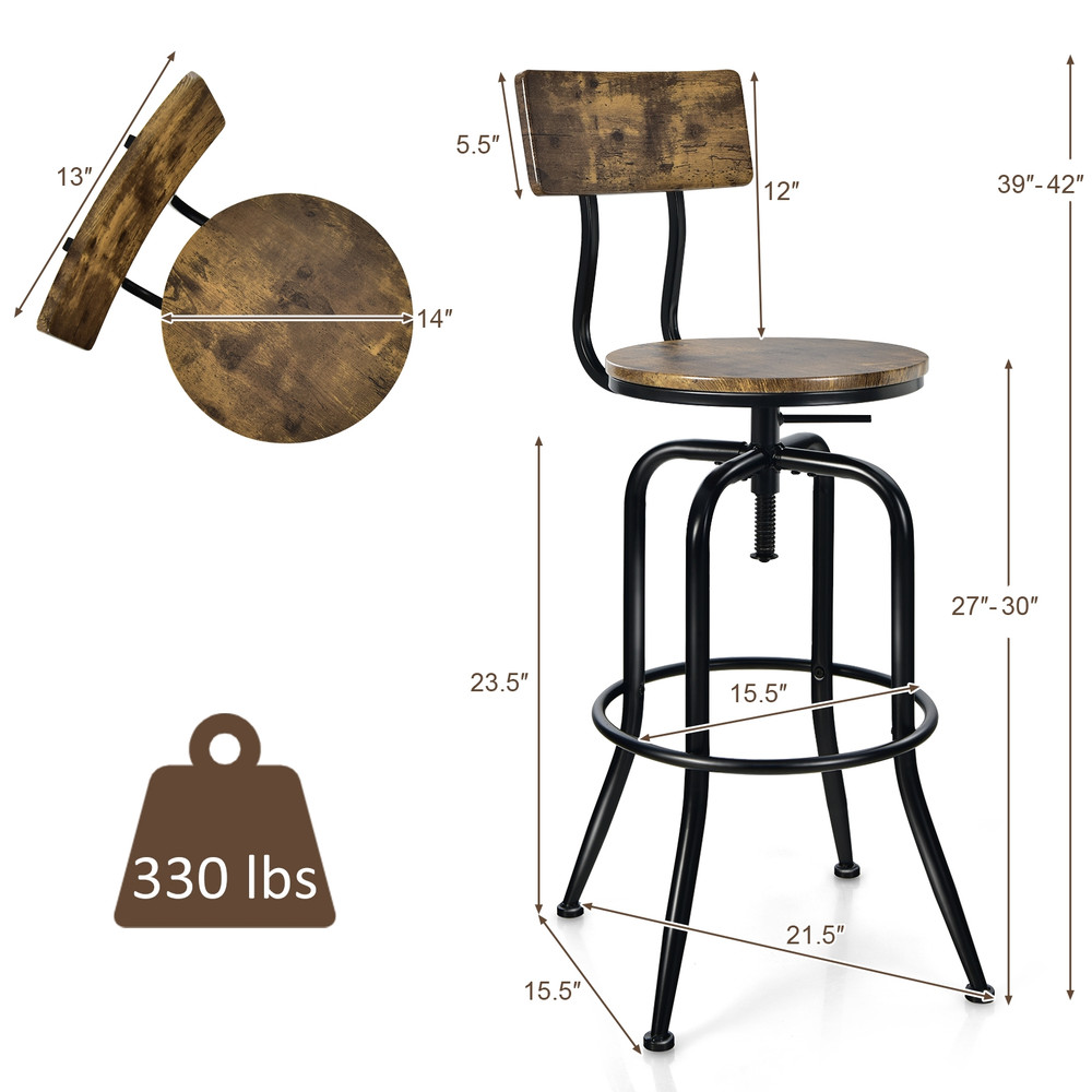 Set Of Industrial Adjustable Swivel Bar Stools With ArcShaped Backrest Rustic Wood  Metal Counter H 7
