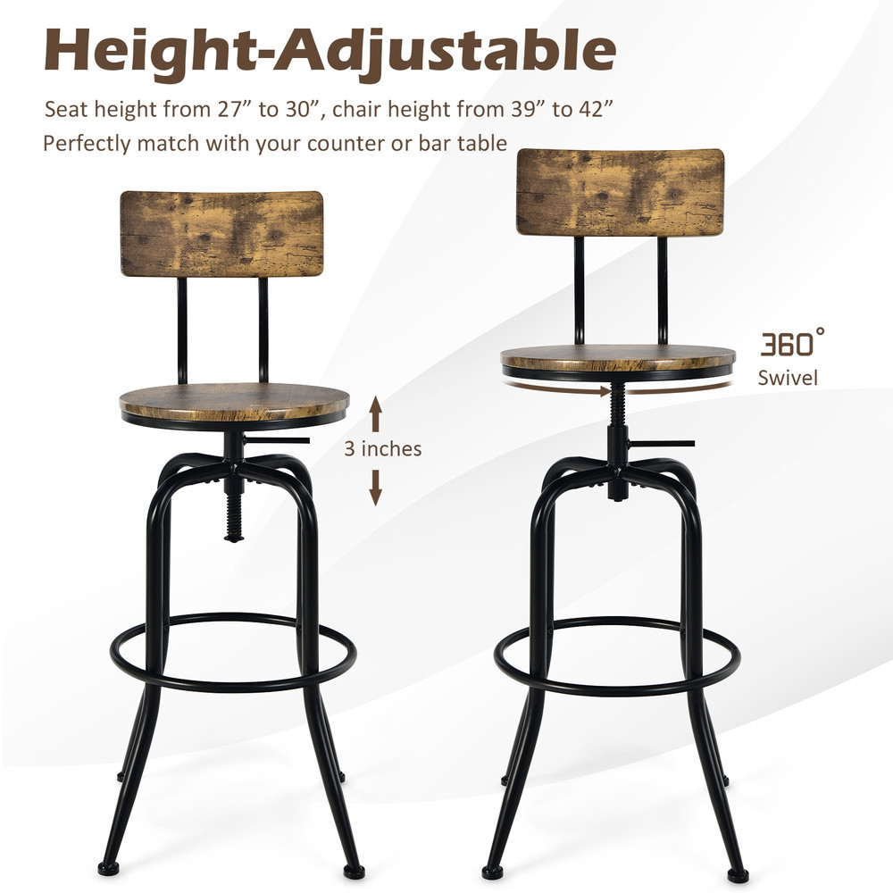 Set Of Industrial Adjustable Swivel Bar Stools With ArcShaped Backrest Rustic Wood  Metal Counter H 6