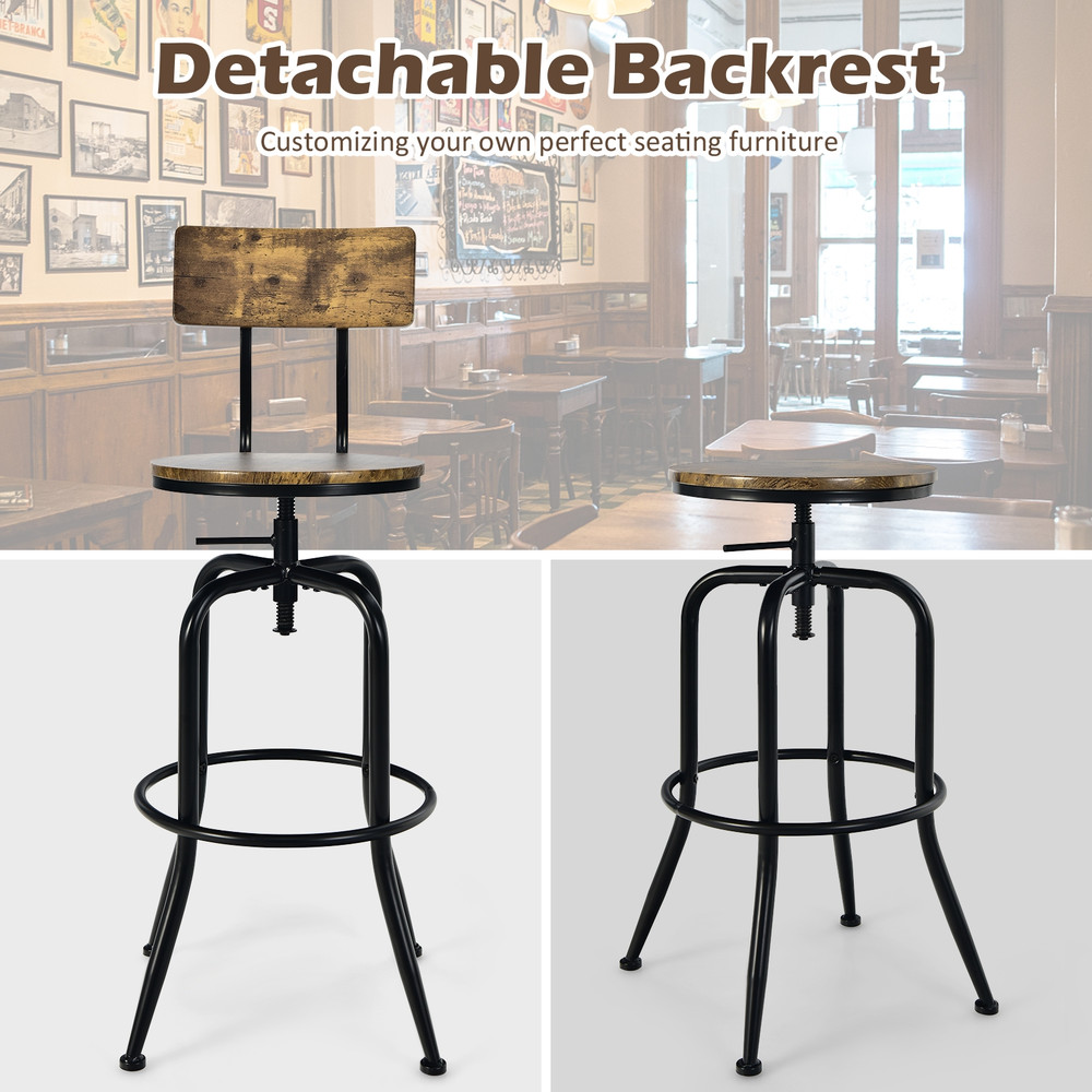 Set Of Industrial Adjustable Swivel Bar Stools With ArcShaped Backrest Rustic Wood  Metal Counter H 4