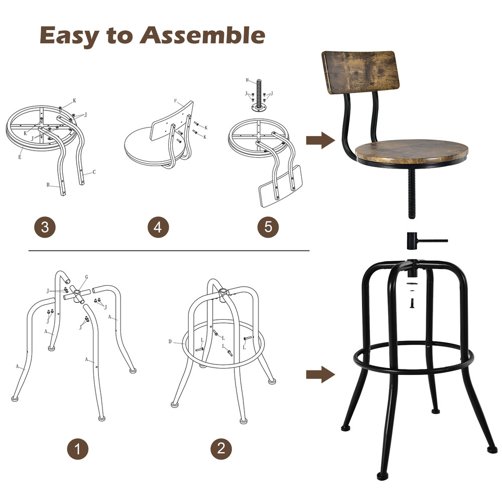 Set Of Industrial Adjustable Swivel Bar Stools With ArcShaped Backrest Rustic Wood  Metal Counter H 5