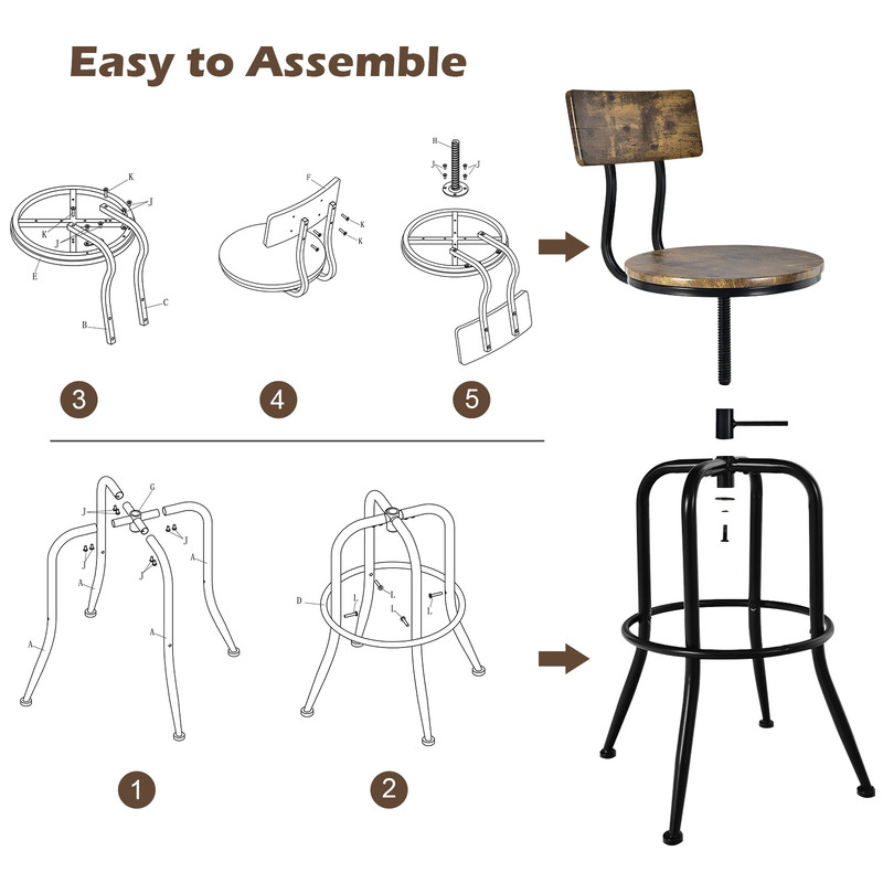 Set Of Industrial Adjustable Swivel Bar Stools With ArcShaped Backrest Rustic Wood  Metal Counter H 5