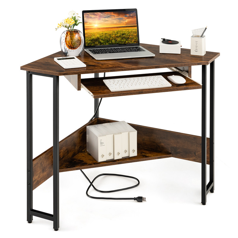 Triangle Corner Desk For Home Office Computer Desk With USB Charging Station PullOut Keyboard Tray  7