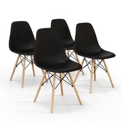 set of plastic modern armless dining chairs with wood legs, stylish minimalist chairs for home, office, or cafe seating