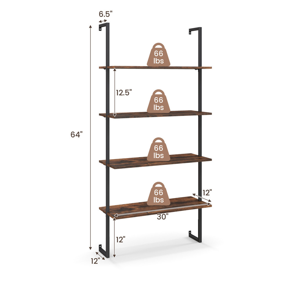 Industrial Style 4 Tier Bookshelf, Heavy Duty Metal Frame, 66 lbs Capacity per Shelf, Space Saving Design