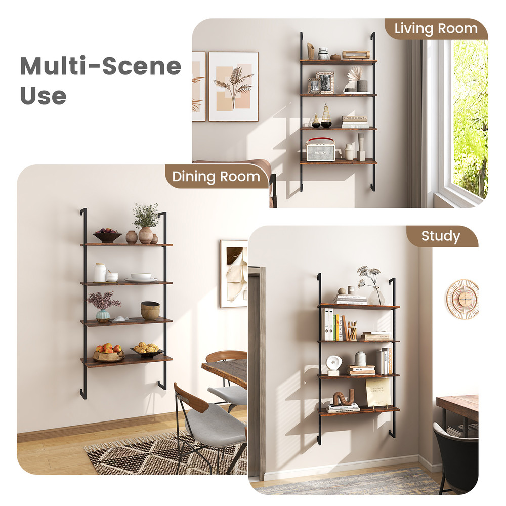 Industrial Style 4 Tier Bookshelf, Heavy Duty Metal Frame, 66 lbs Capacity per Shelf, Space Saving Design