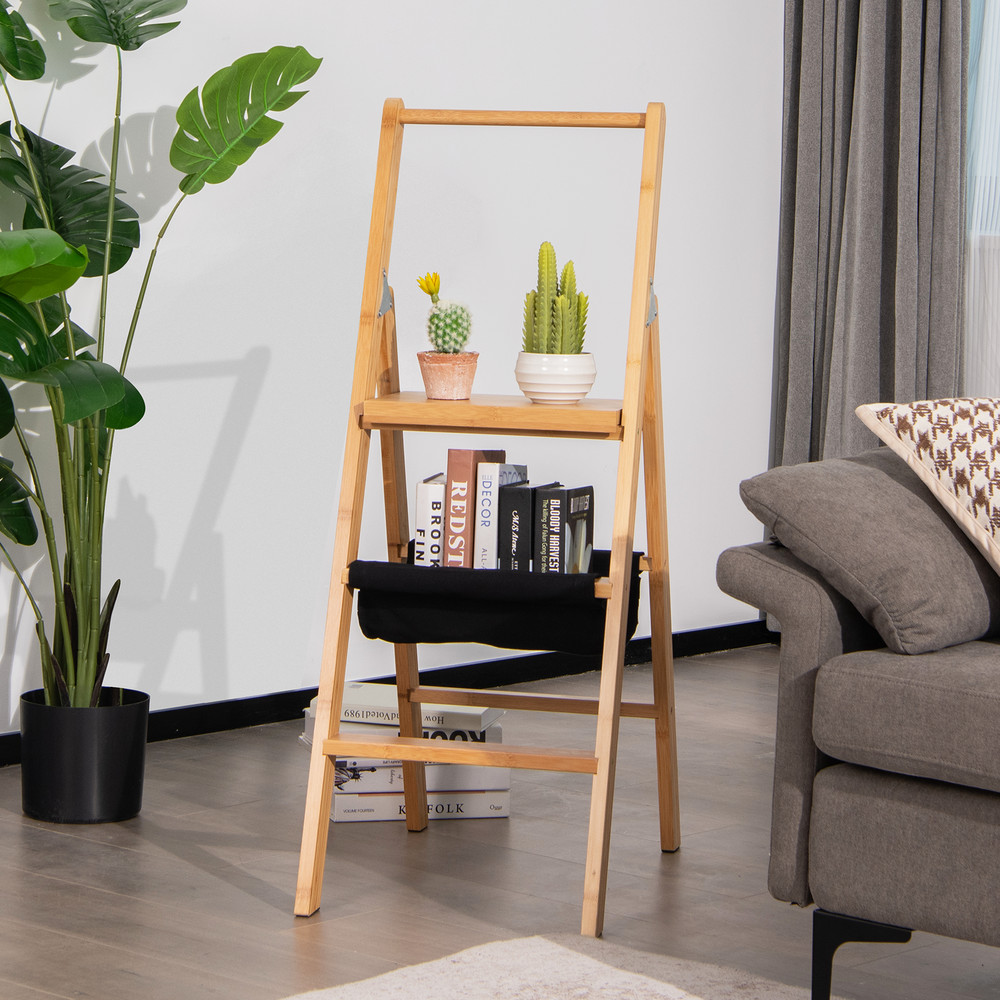 Bamboo Folding Step Stool Ladder, Multi Purpose 3 Step Stool with Storage Pouch, Natural & Durable for Indoor Use