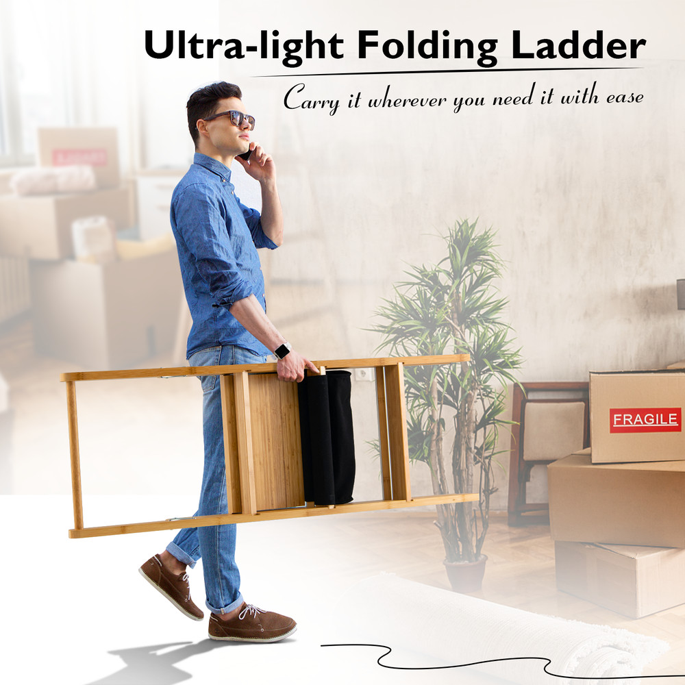 Bamboo Folding Step Stool Ladder, Multi Purpose 3 Step Stool with Storage Pouch, Natural & Durable for Indoor Use