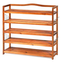 large wooden shoe rack with metal hooks, 5 tier organizer holds 180 lbs per shelf, space saving design