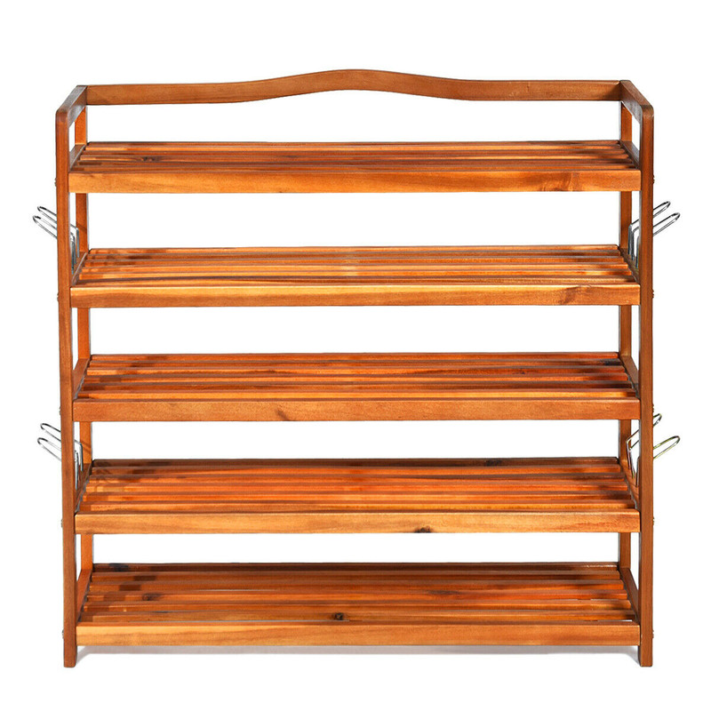 Large Wooden Shoe Rack with Metal Hooks, 5 Tier Organizer Holds 180 lbs per Shelf, Space Saving Design