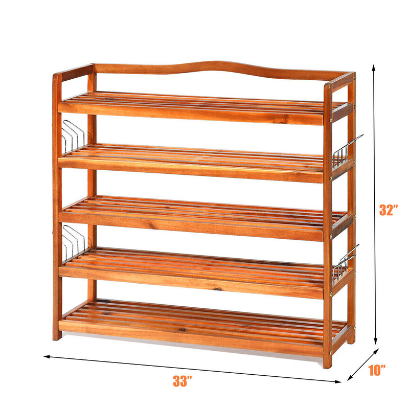 Large Wooden Shoe Rack with Metal Hooks, 5 Tier Organizer Holds 180 lbs per Shelf, Space Saving Design