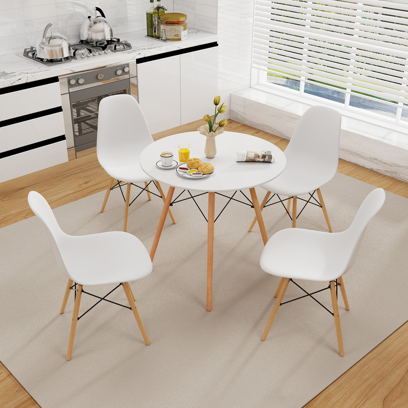 White Round Dining Table, Sturdy Beech Wood Base, 199 lb Capacity, Compact Design for Apartments & Dorms