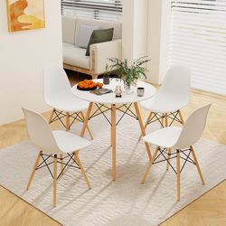 modern 5v piece round dining table set. solid beech wood legs,4 ergonomic chairs, compact for kitchen, living room, or